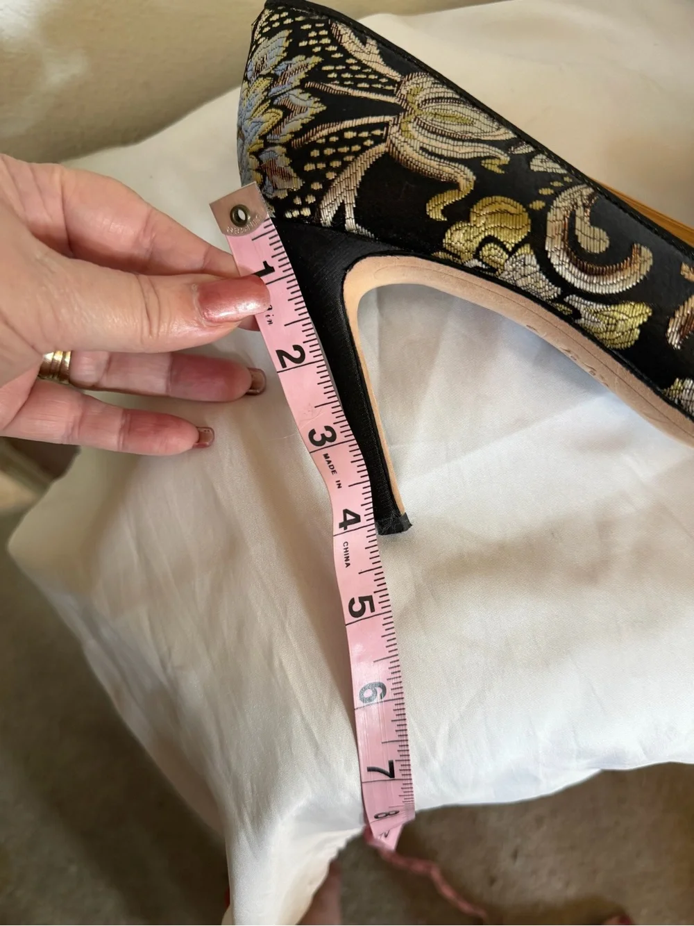 Sam Edelman Black Brocade Pointed-Toe Heels with Gold and Pink Floral Embroidery - Picture 3 of 3